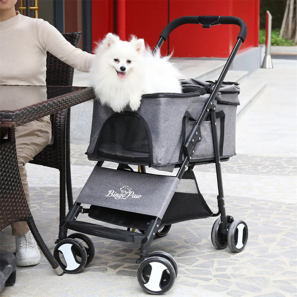 Foldable Pet Stroller for Small Dogs & Cats – 360° Wheels & Detachable Carrier