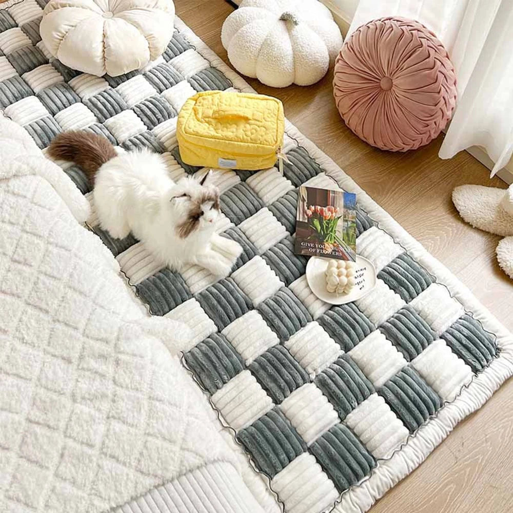 Washable Large Plaid Coral Fleece Pet Mat & Couch Cover