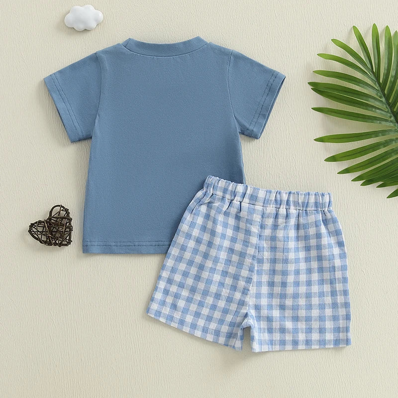 Toddler Boys Embroidered T-Shirt and Plaid Shorts Set