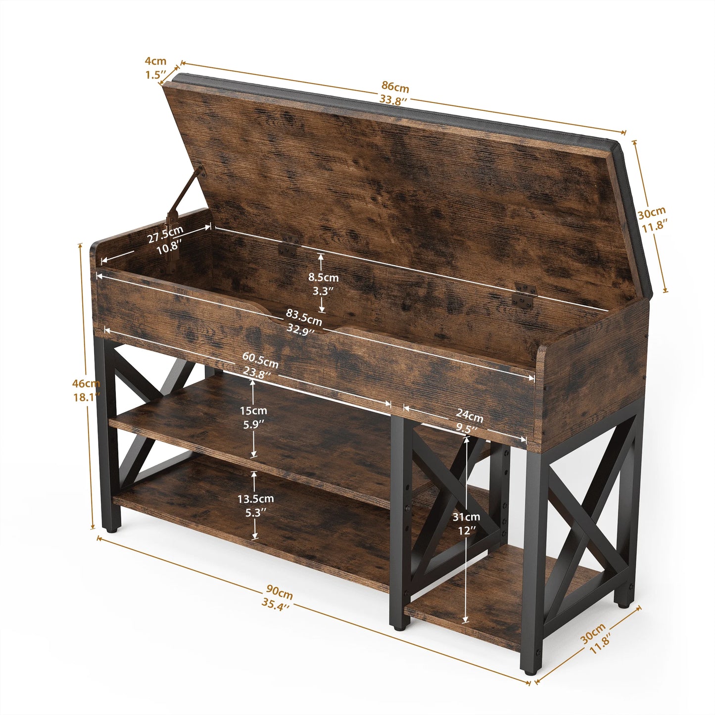 Vintage Shoe Bench with Hidden Storage and Metal Frame