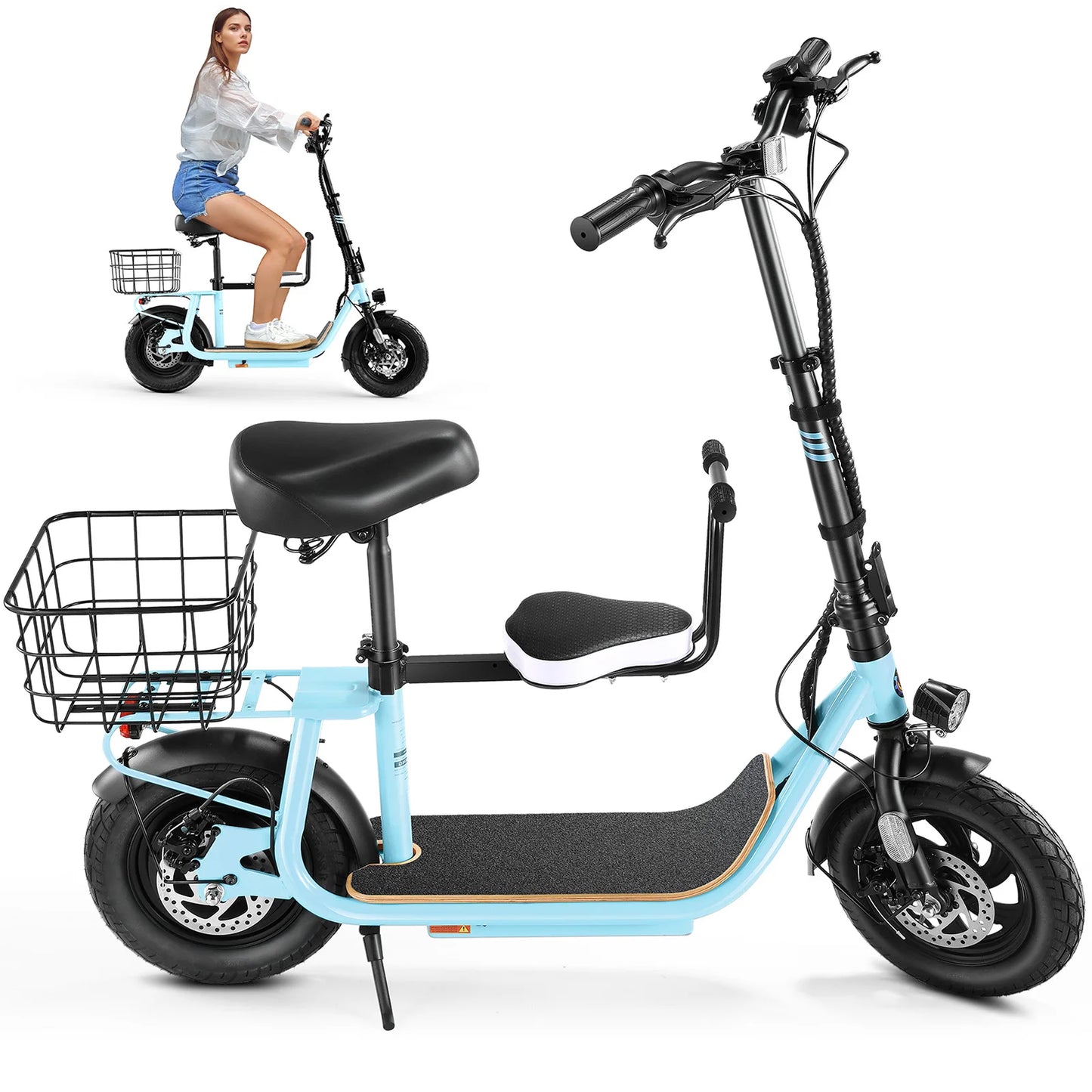 Foldable Electric Scooter with Child Seat and Rear Basket