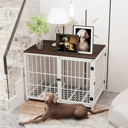 Large Wooden Dog Crate Furniture Style with Removable Tray and 3 Doors