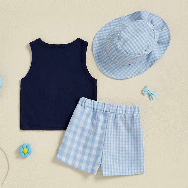 Toddler Boys 3 Piece Summer Tank Top Shorts and Hat Set