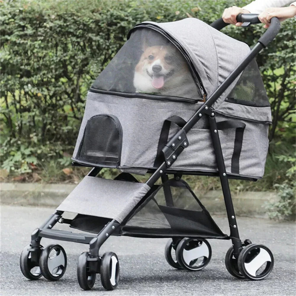 Foldable Pet Stroller for Small Dogs & Cats – 360° Wheels & Detachable Carrier