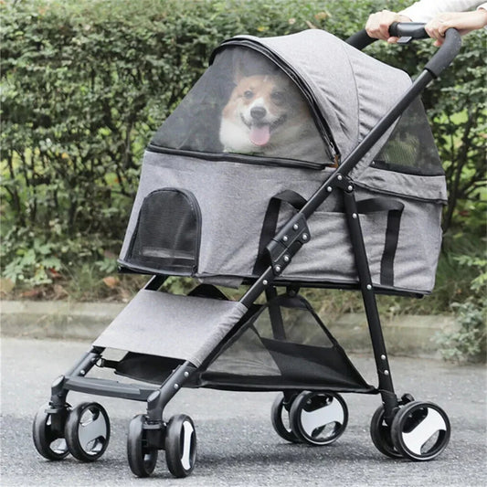 Foldable Pet Stroller for Small Dogs & Cats – 360° Wheels & Detachable Carrier