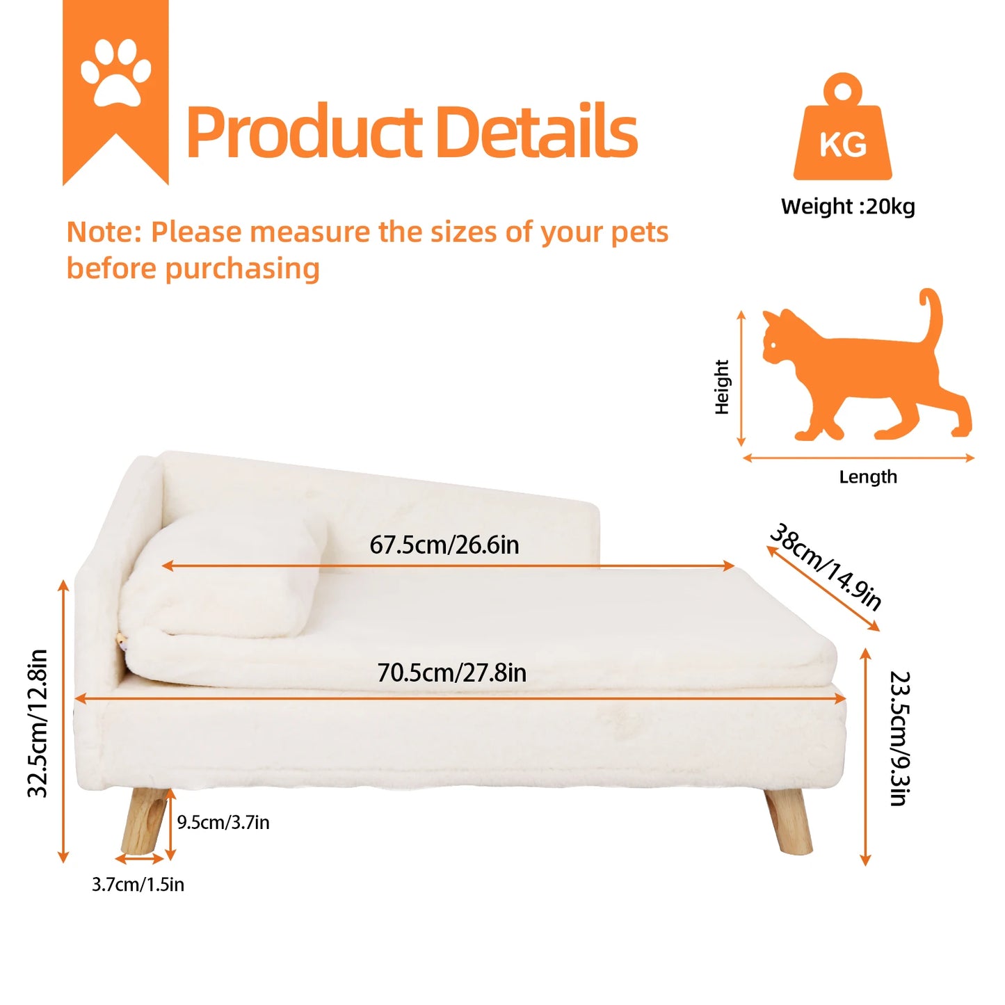L-Shaped Dog Sofa Bed with Plush Cushion & Wooden Frame
