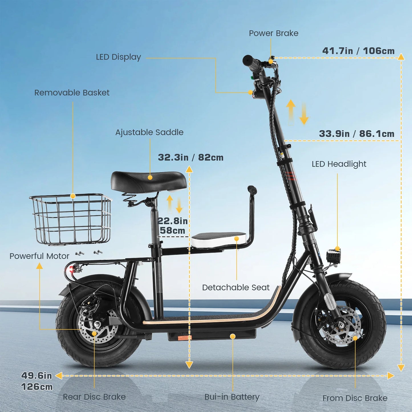 Foldable Electric Scooter with Child Seat and Rear Basket
